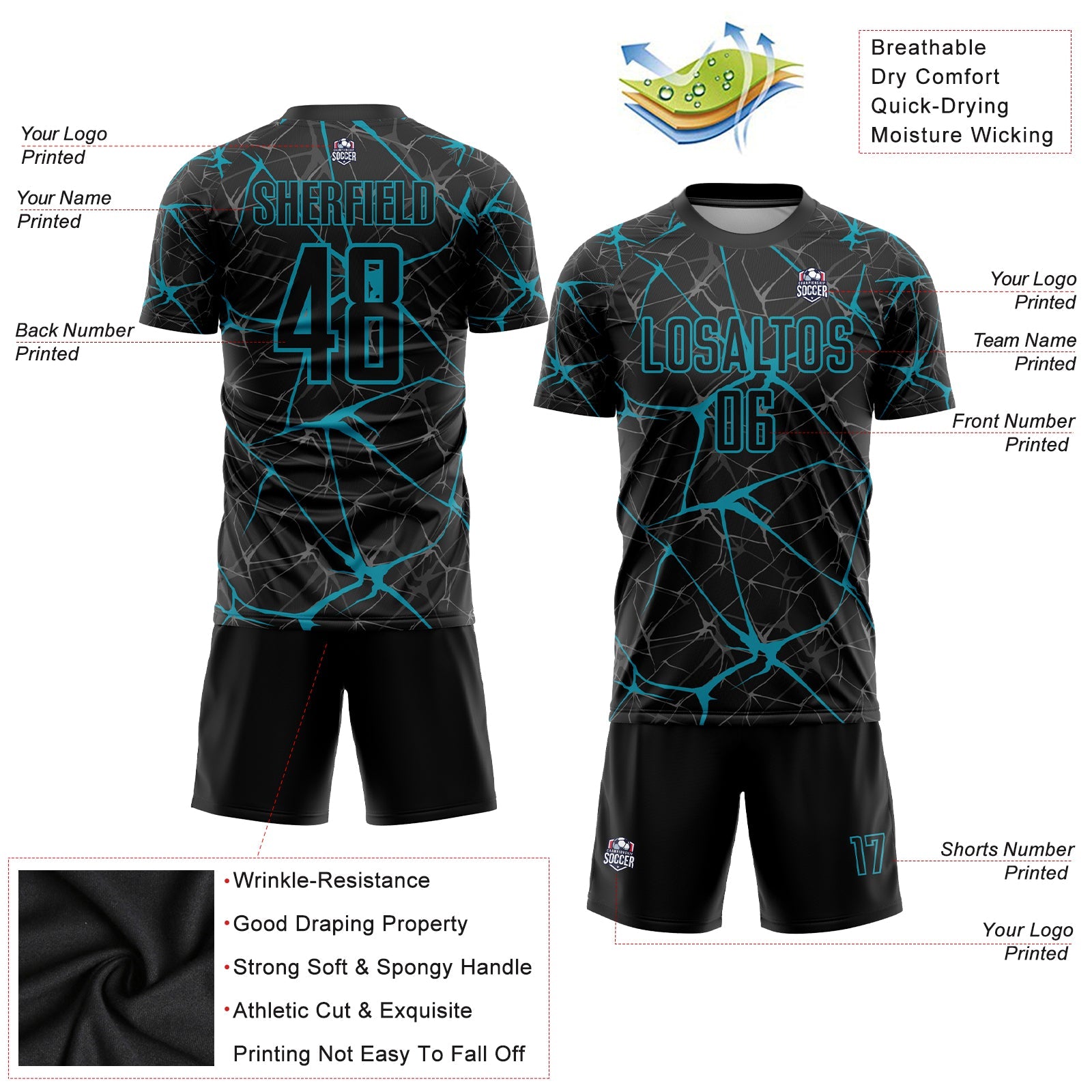 Custom Black Teal Sublimation Soccer Uniform Jersey view 3