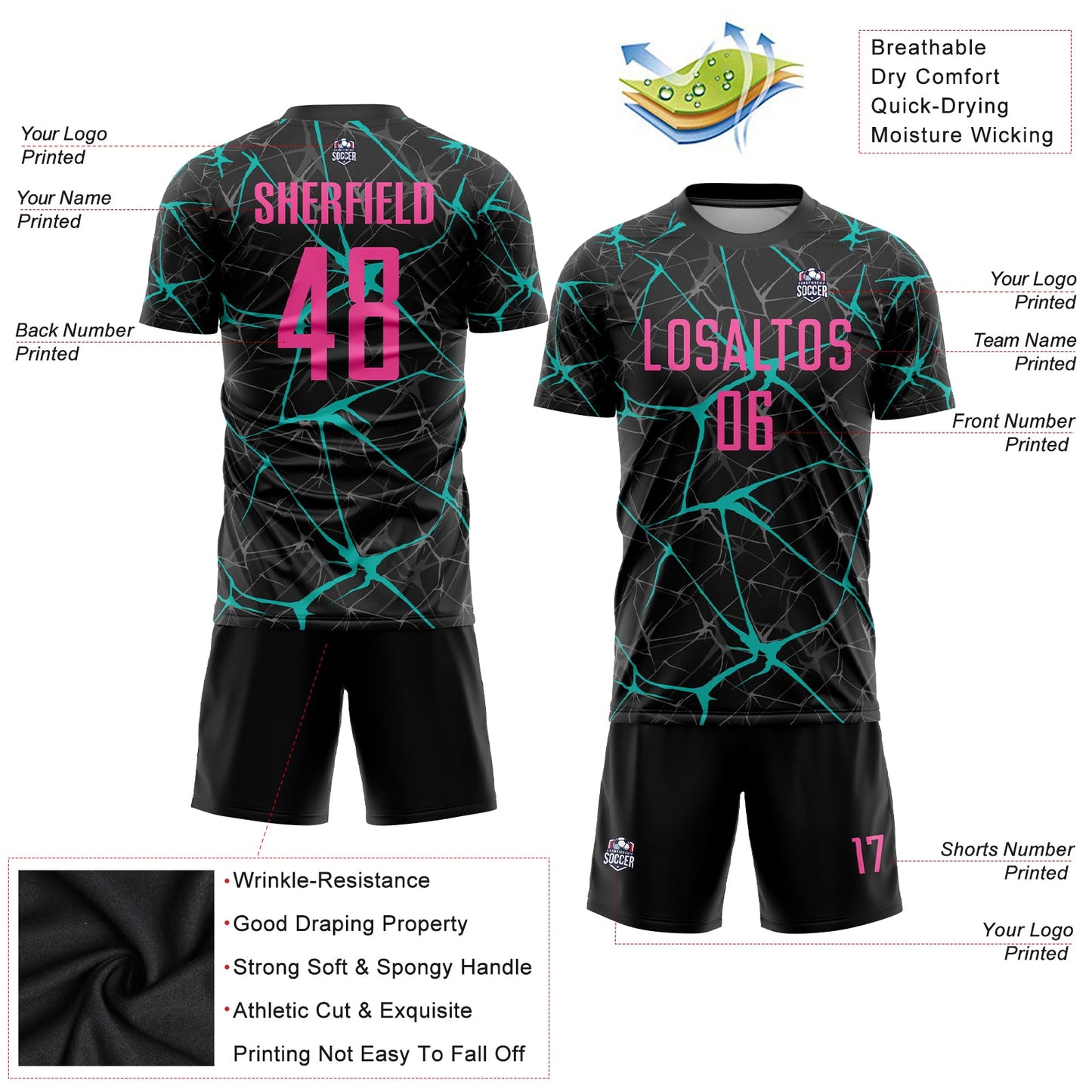 Custom Black Pink-Aqua Sublimation Soccer Uniform Jersey view 4