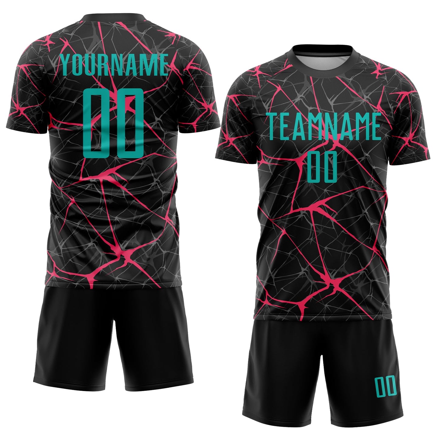 Custom Black Aqua-Neon Pink Sublimation Soccer Uniform Jersey view 2