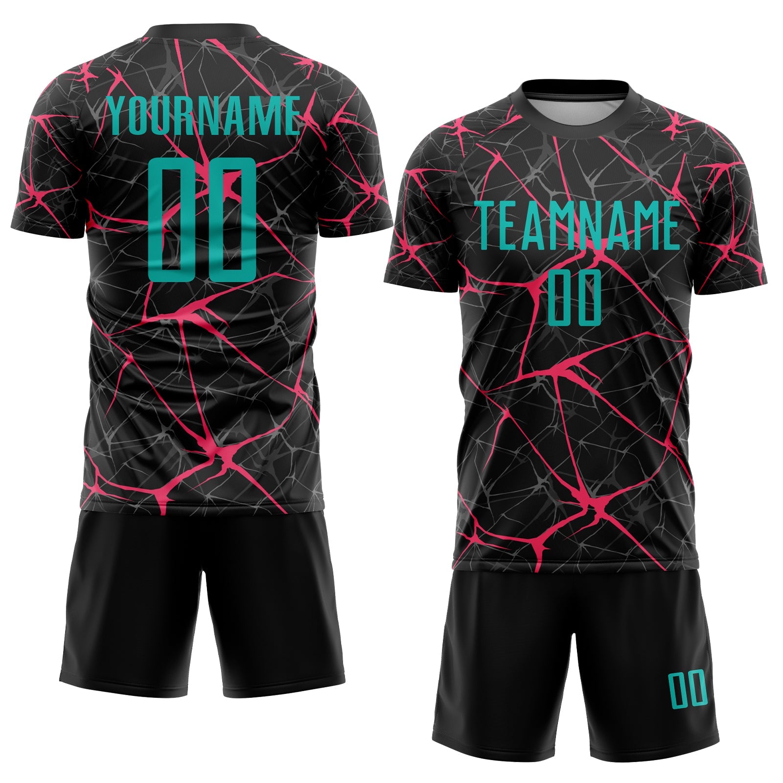 Custom Black Aqua-Neon Pink Sublimation Soccer Uniform Jersey view 2
