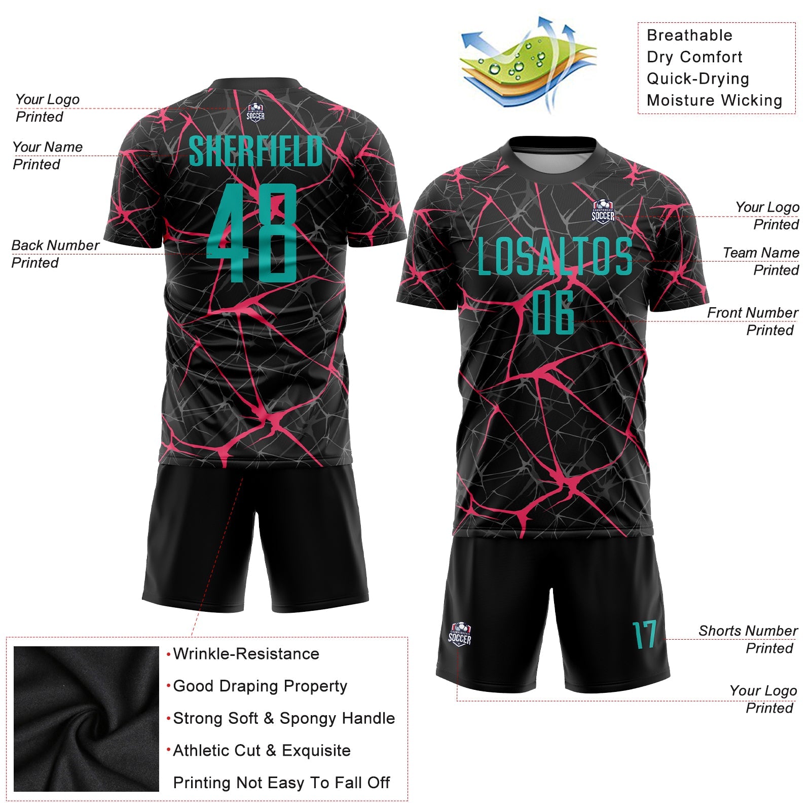Custom Black Aqua-Neon Pink Sublimation Soccer Uniform Jersey view 3
