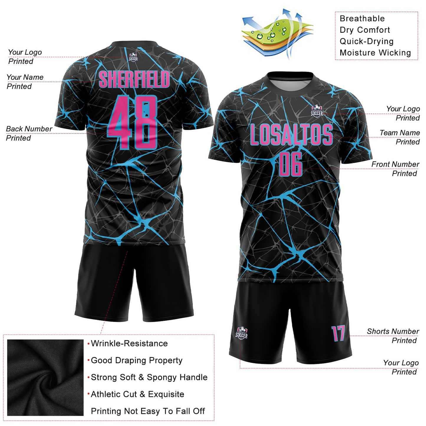 Custom Black Pink-Sky Blue Sublimation Soccer Uniform Jersey view 3