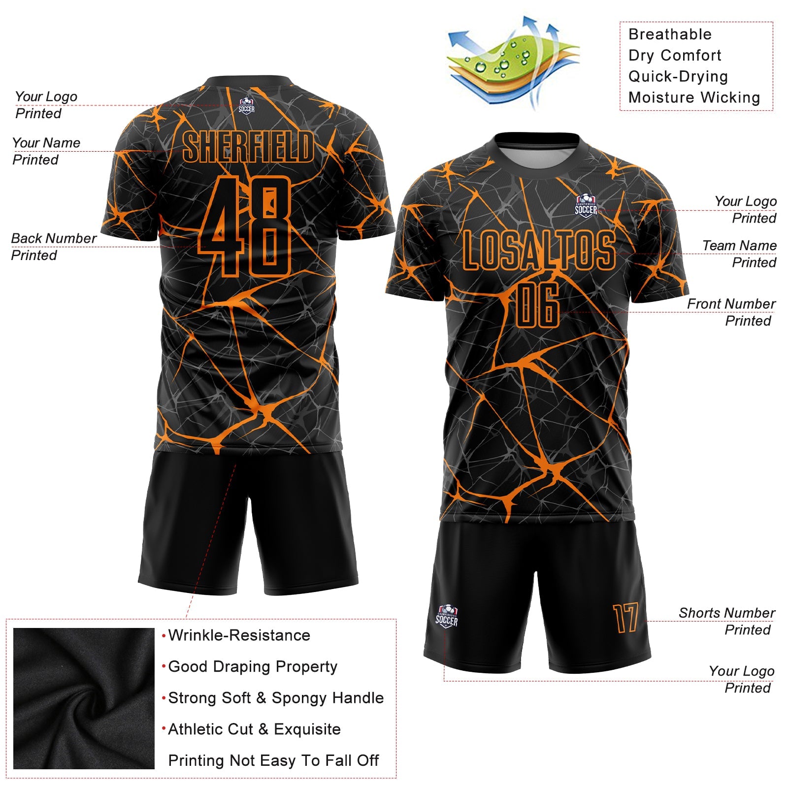 Custom Black Bay Orange Sublimation Soccer Uniform Jersey view 3