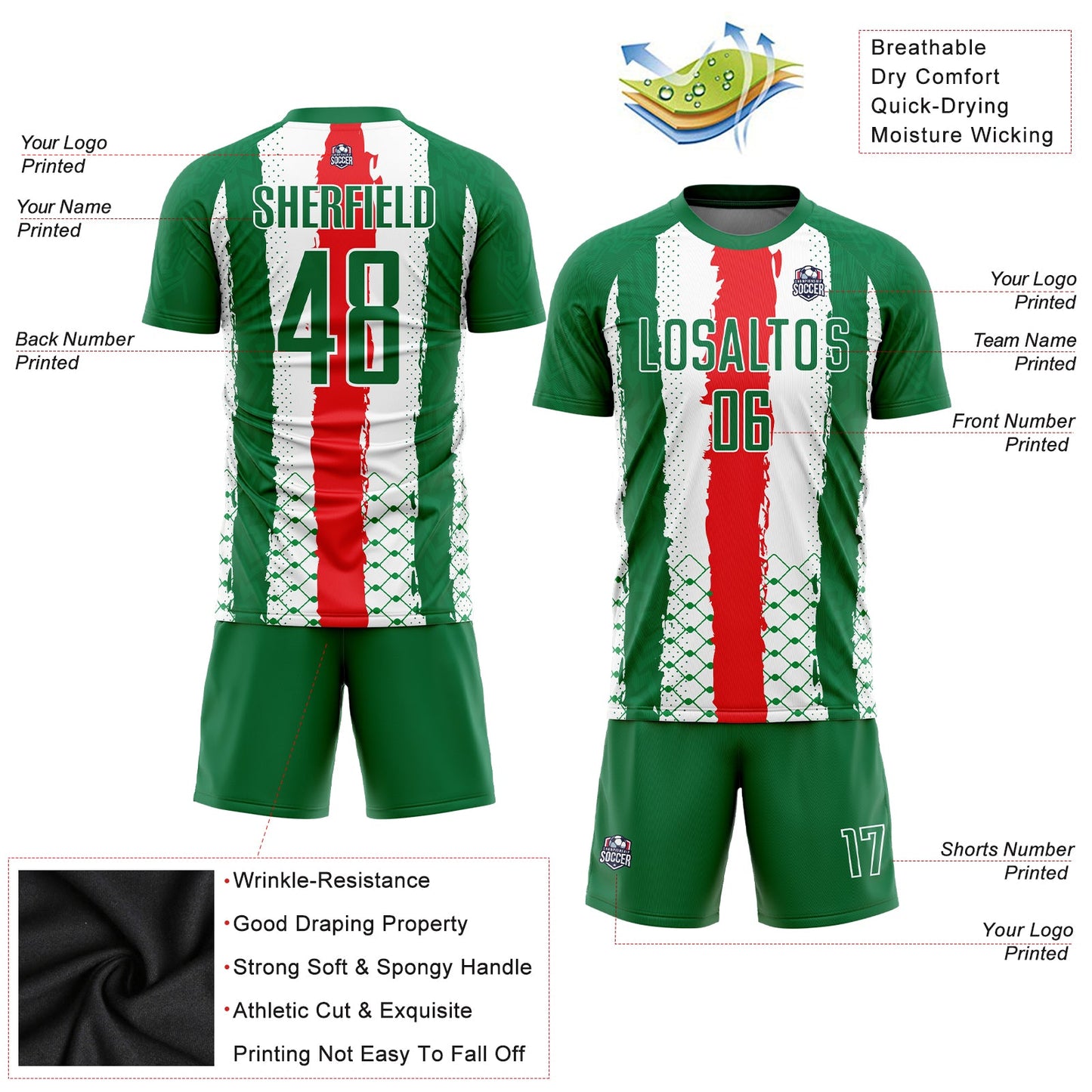 Custom Kelly Green Red-White Sublimation Mexico Soccer Uniform Jersey view 3
