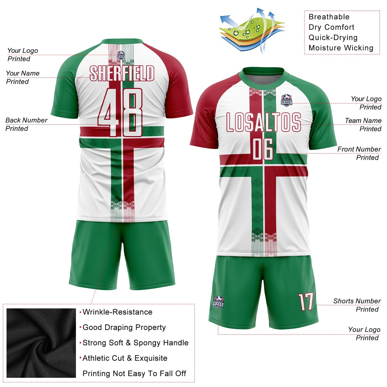 Custom White Kelly Green-Crimson Sublimation Mexico Soccer Uniform Jersey view 3