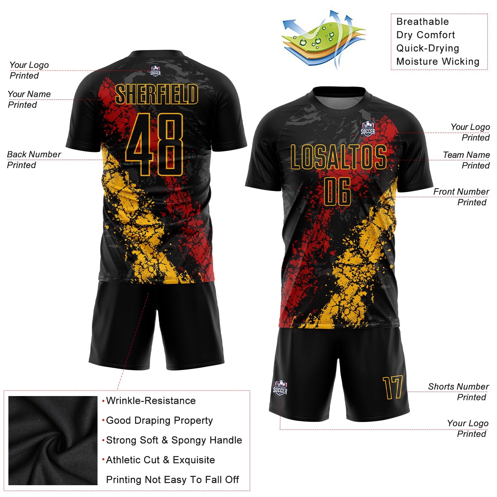 Custom Black Gold-Red Sublimation Soccer Uniform Jersey view 3