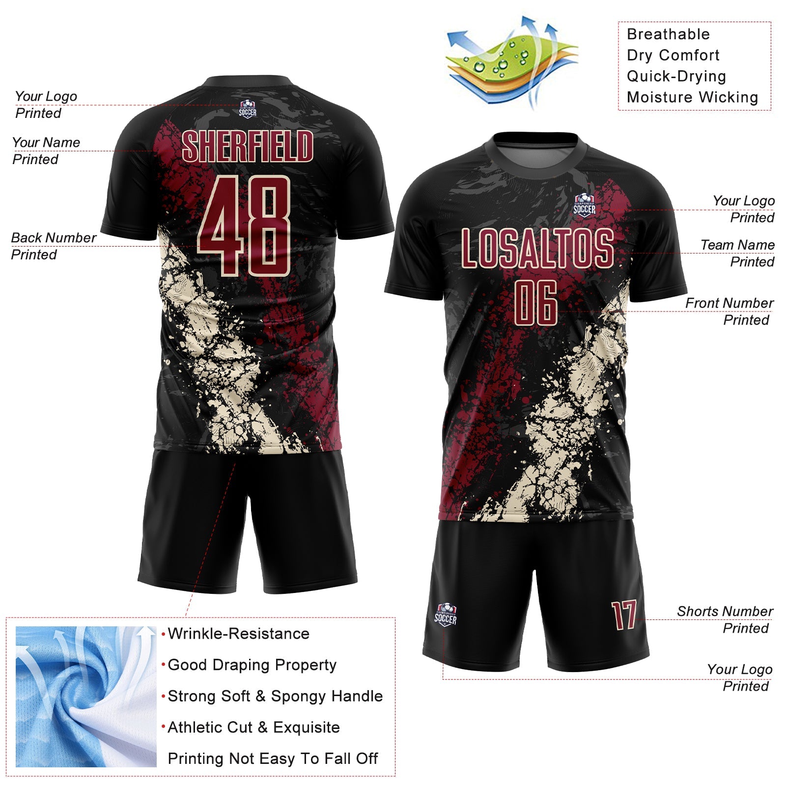 Custom Black Crimson-Cream Sublimation Soccer Uniform Jersey view 3