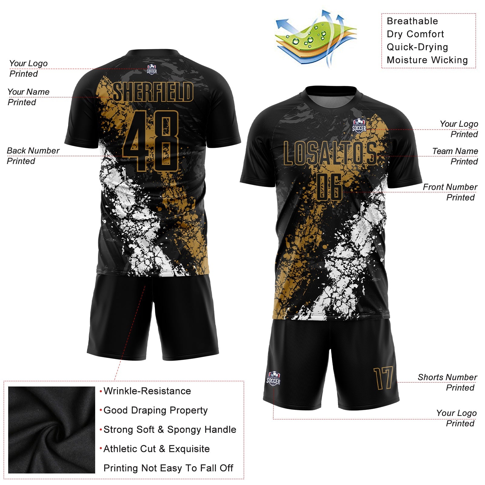Custom Black Old Gold-White Sublimation Soccer Uniform Jersey view 3