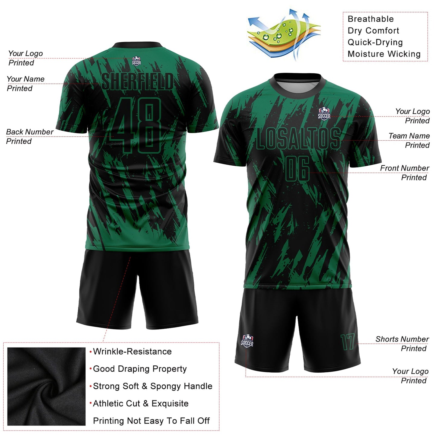 Custom Kelly Green Black Sublimation Soccer Uniform Jersey view 3