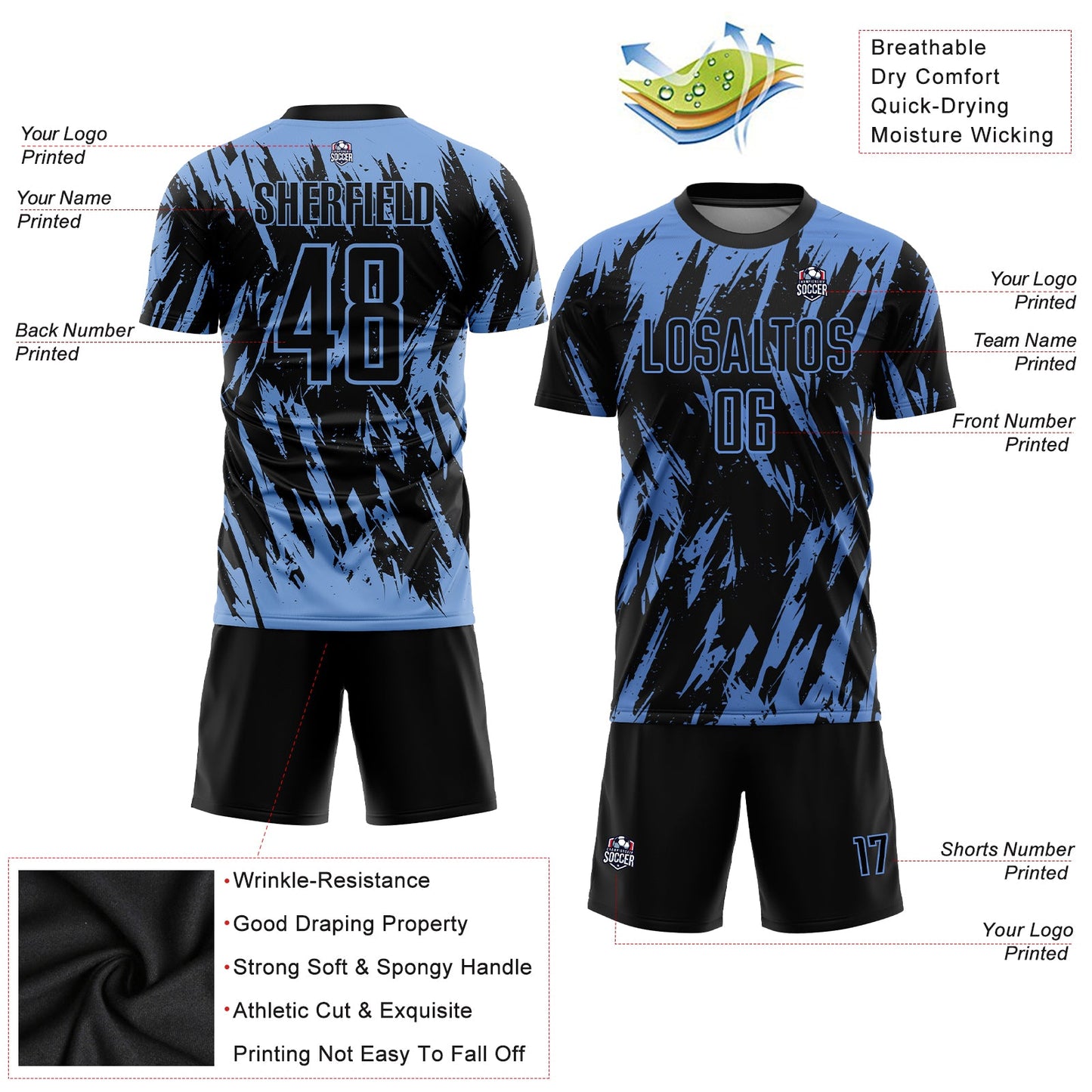 Custom Light Blue Black Sublimation Soccer Uniform Jersey view 3