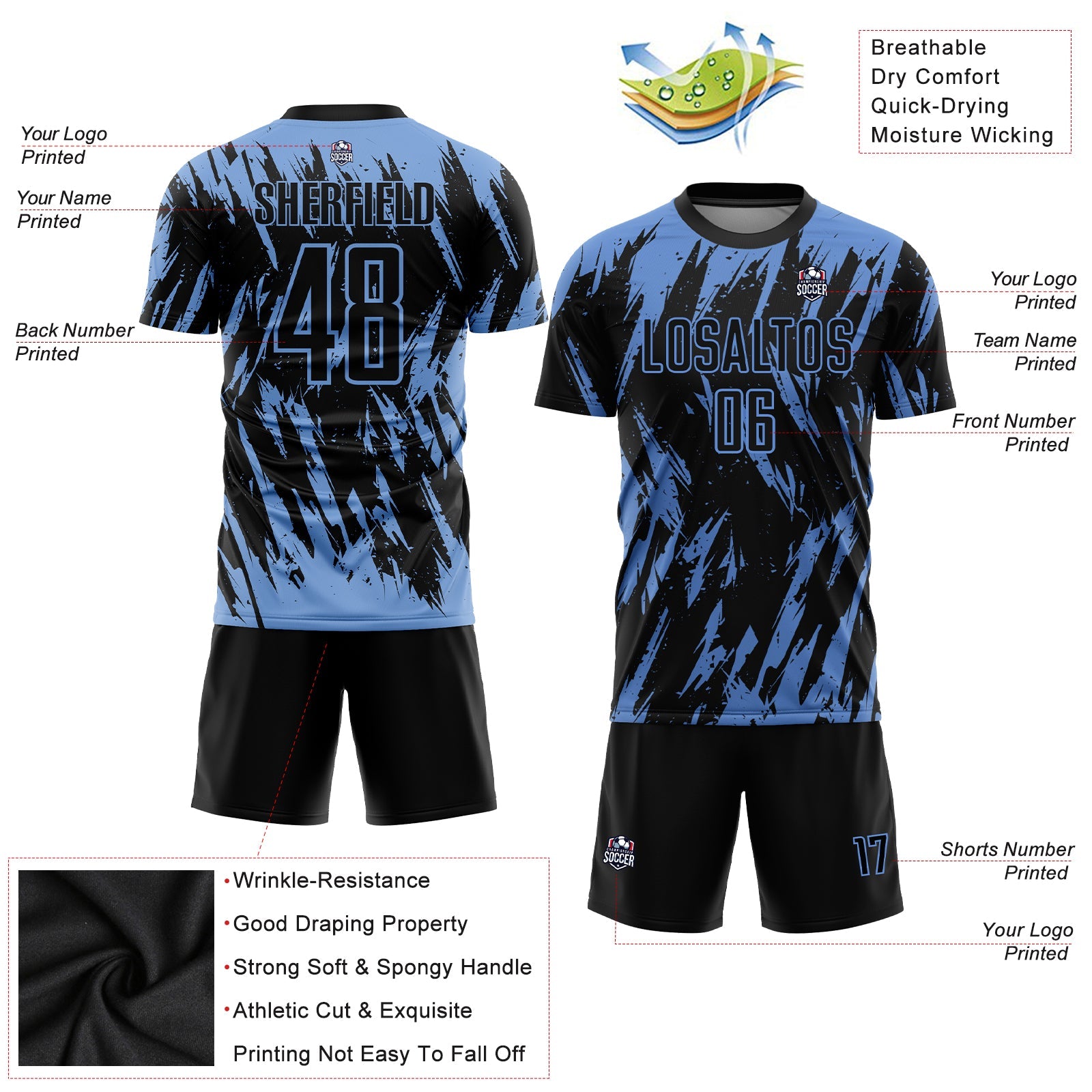 Custom Light Blue Black Sublimation Soccer Uniform Jersey view 3