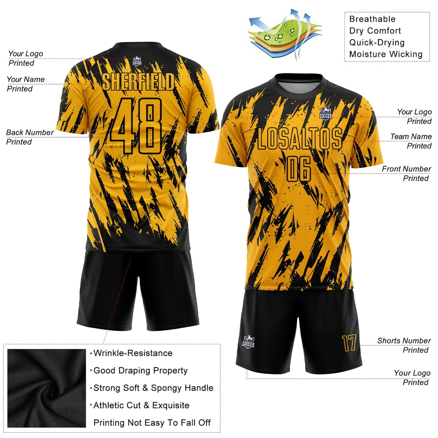 Custom Gold Black Sublimation Soccer Uniform Jersey view 3