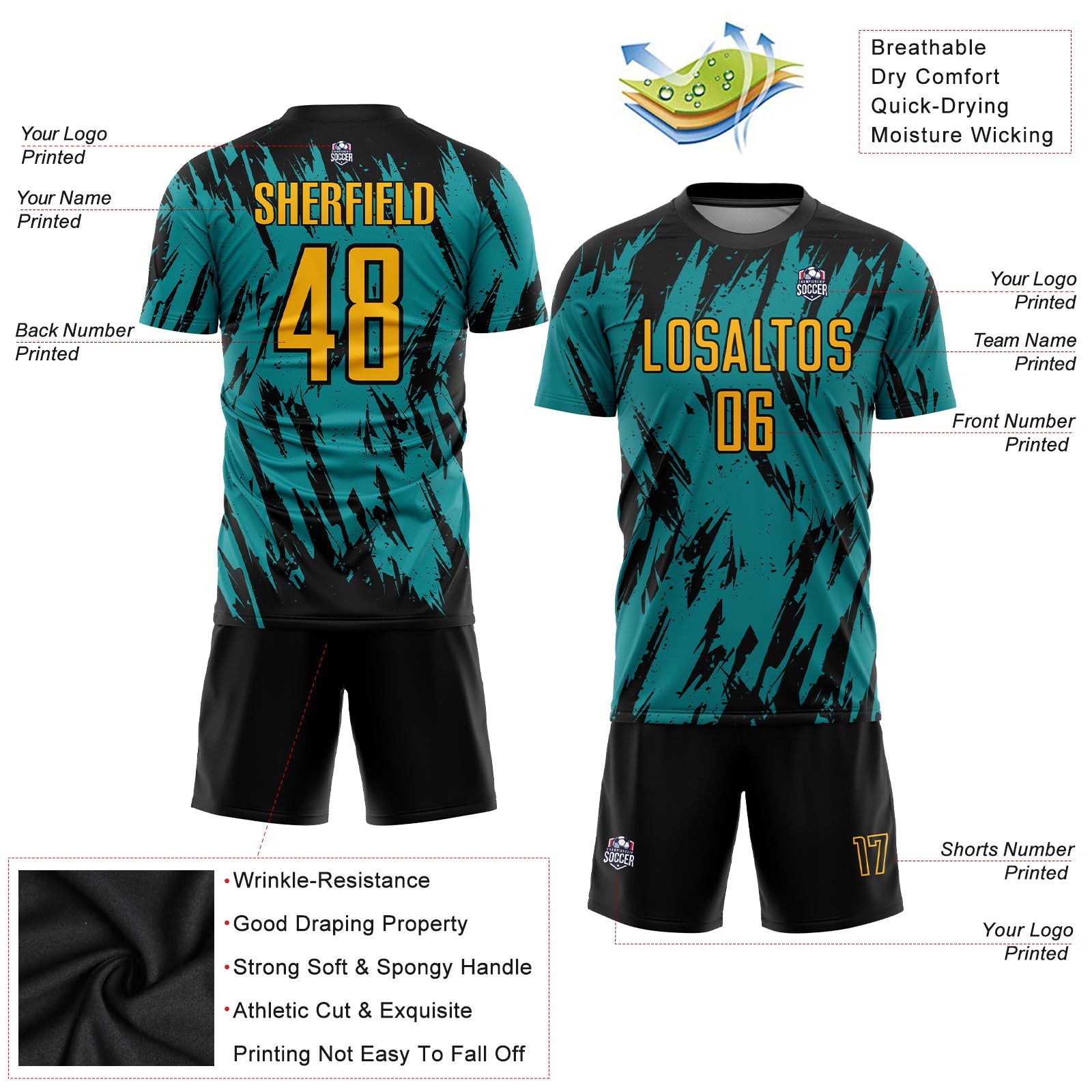 Custom Teal Gold Black Sublimation Soccer Uniform Jersey view 3