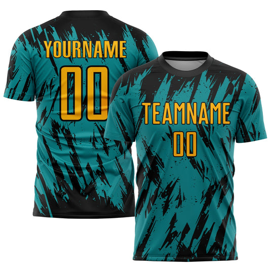 Custom Teal Gold Black Sublimation Soccer Uniform Jersey - Main View