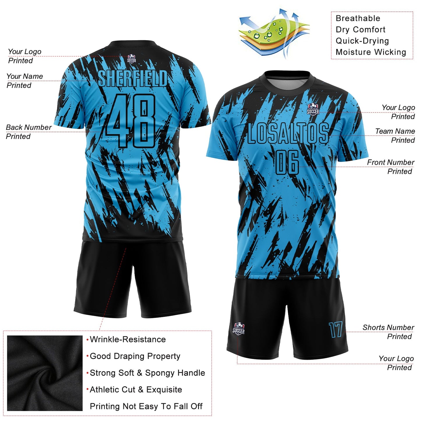 Custom Sky Blue Black Sublimation Soccer Uniform Jersey view 3