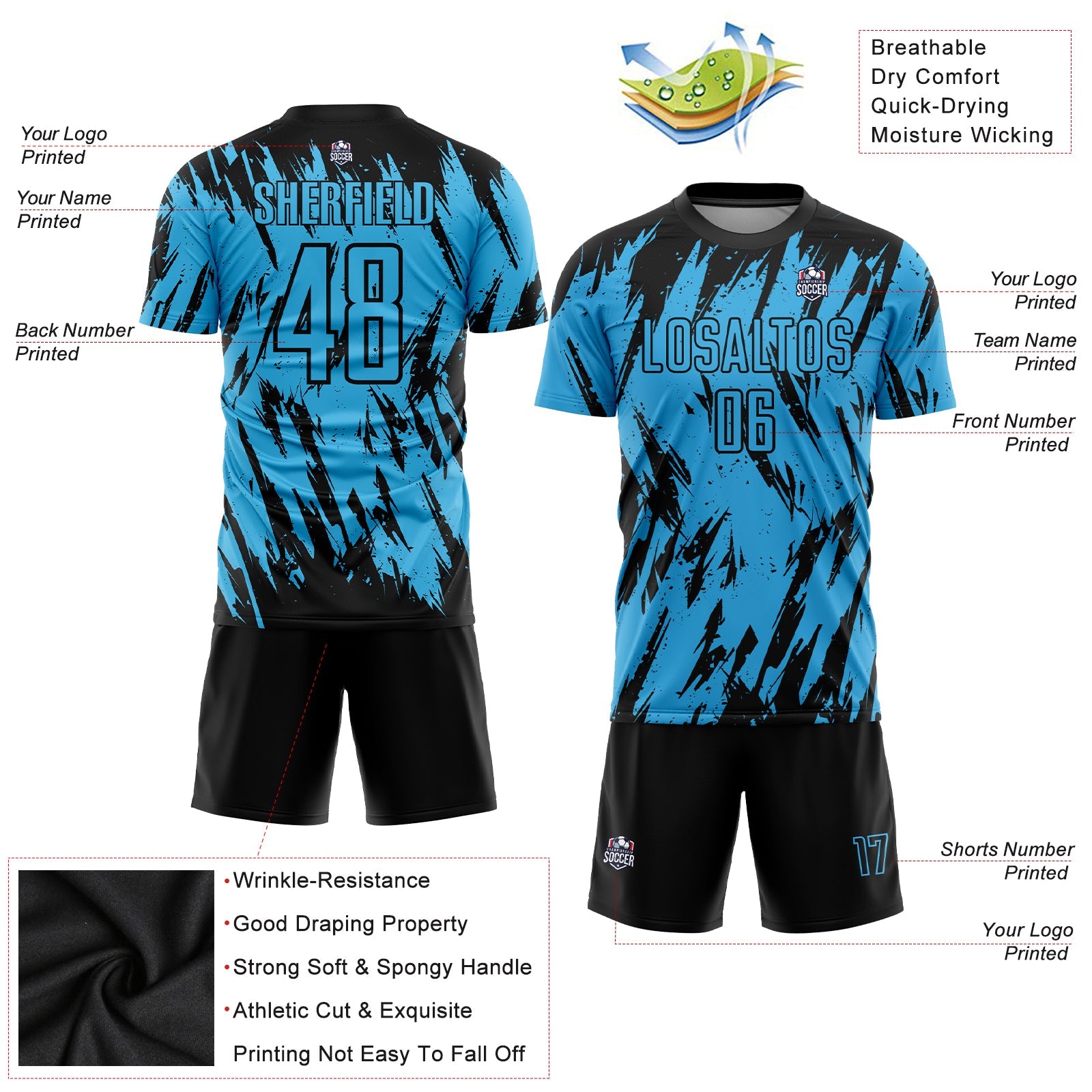 Custom Sky Blue Black Sublimation Soccer Uniform Jersey view 3