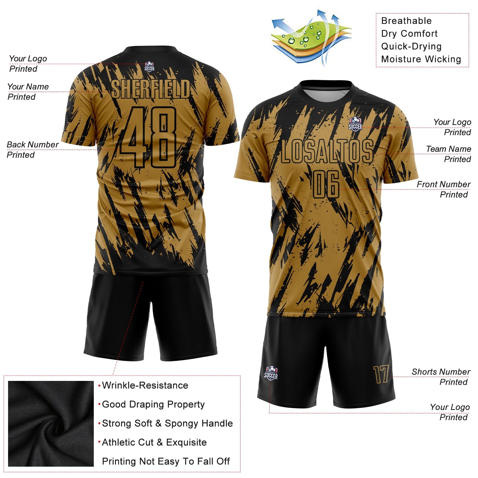 Custom Old Gold Black Sublimation Soccer Uniform Jersey view 3