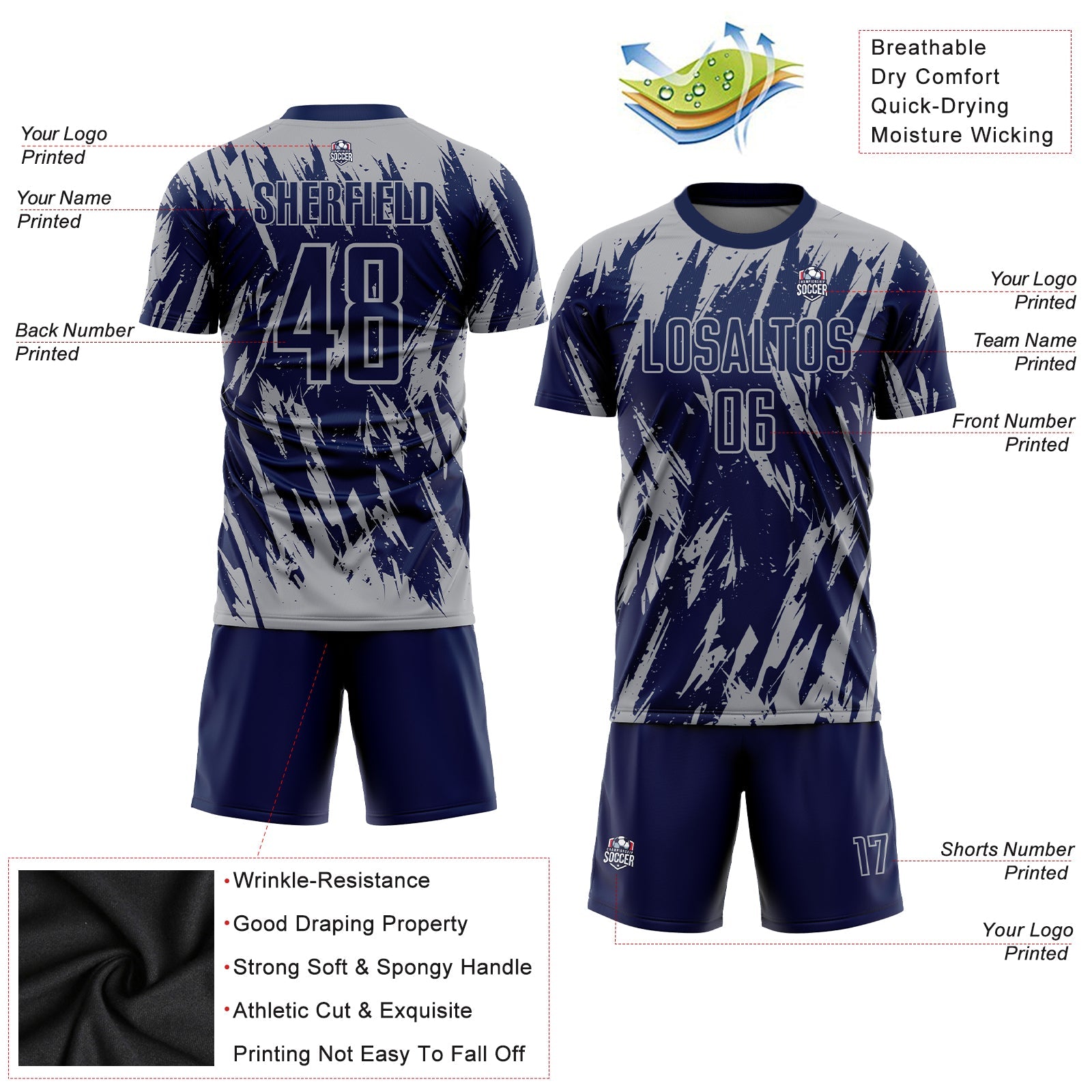 Custom Navy Gray Sublimation Soccer Uniform Jersey view 3