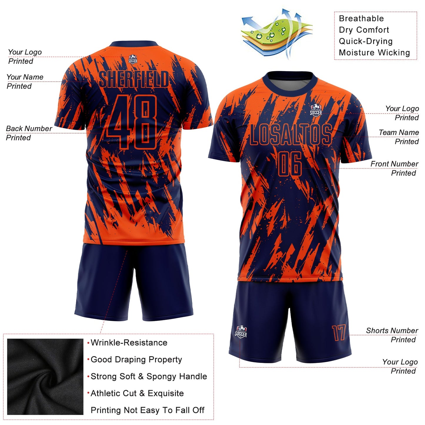 Custom Orange Navy Sublimation Soccer Uniform Jersey view 3