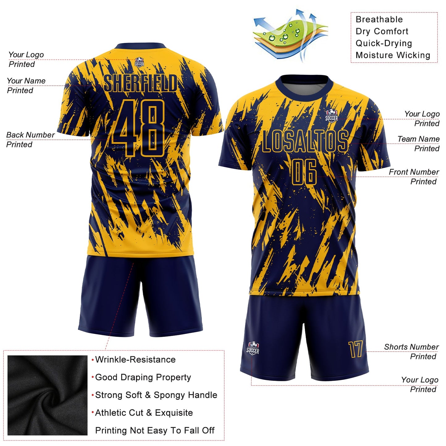 Custom Gold Navy Sublimation Soccer Uniform Jersey view 3