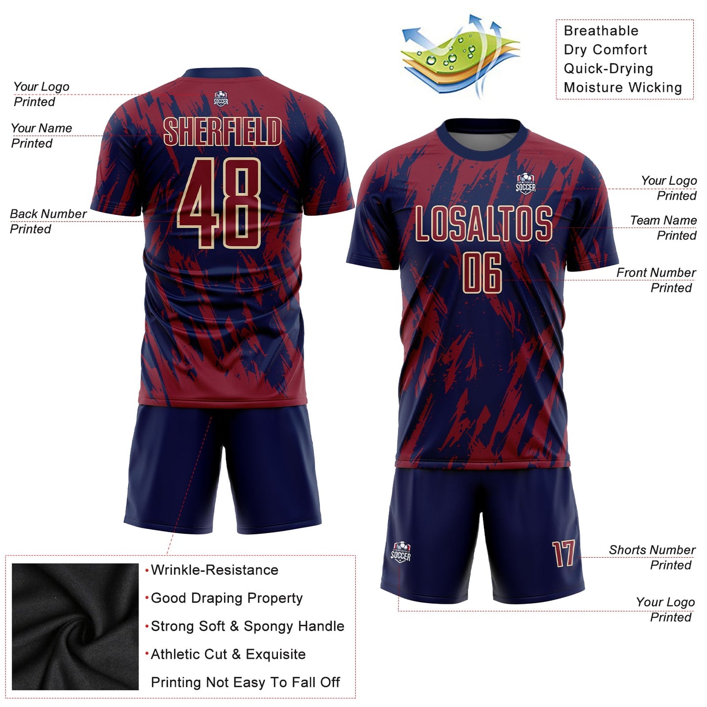 Custom Crimson Navy-City Cream Sublimation Soccer Uniform Jersey view 3
