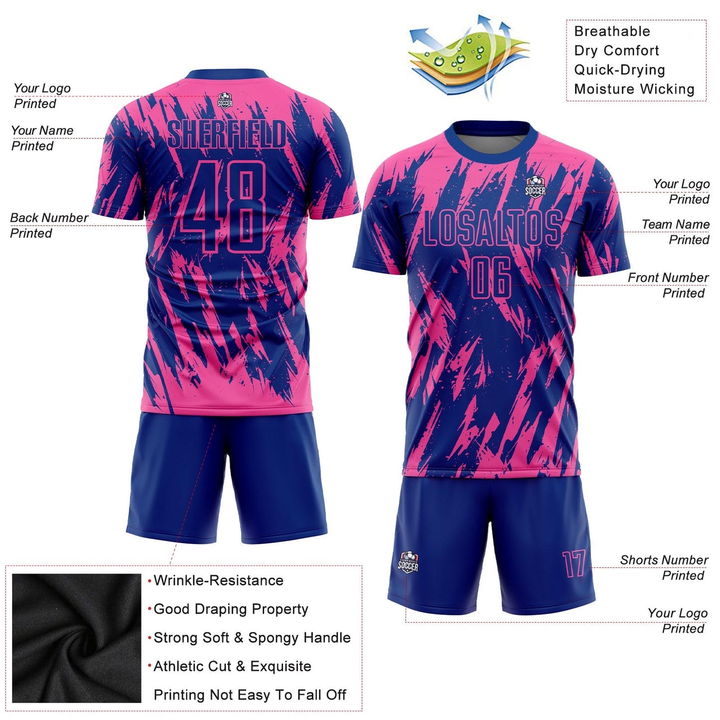 Custom Pink Royal Sublimation Soccer Uniform Jersey view 3