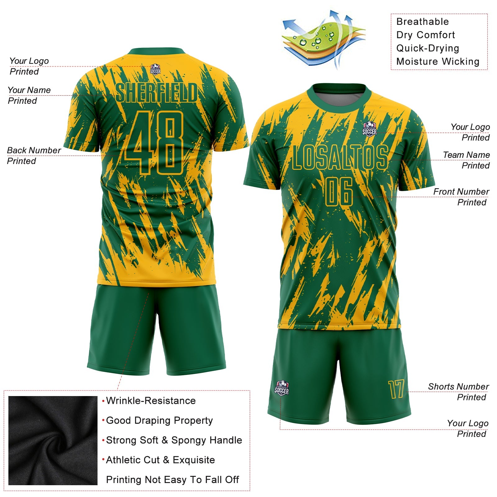 Custom Gold Kelly Green Sublimation Soccer Uniform Jersey view 3