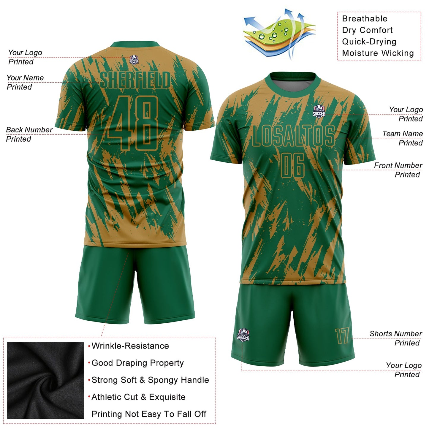 Custom Old Gold Kelly Green Sublimation Soccer Uniform Jersey view 3