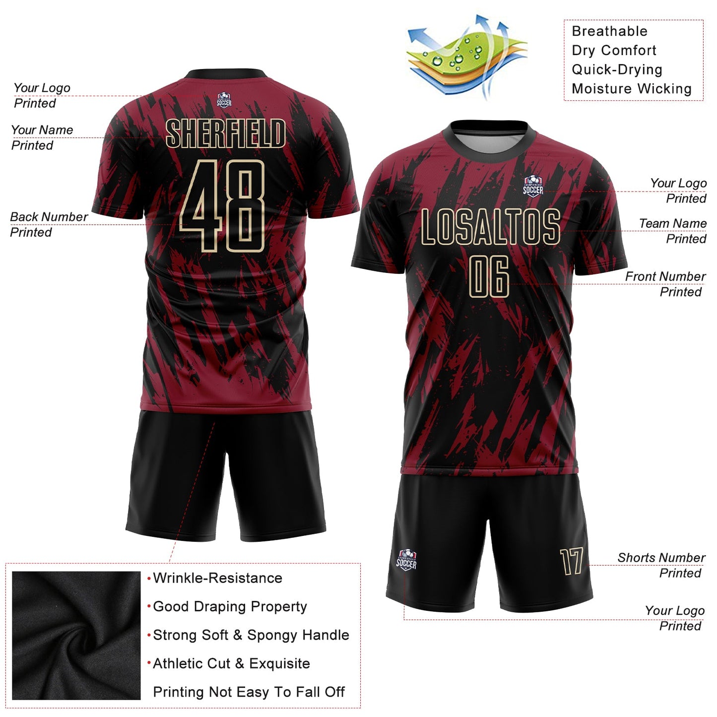 Custom Crimson Black-City Cream Sublimation Soccer Uniform Jersey view 3