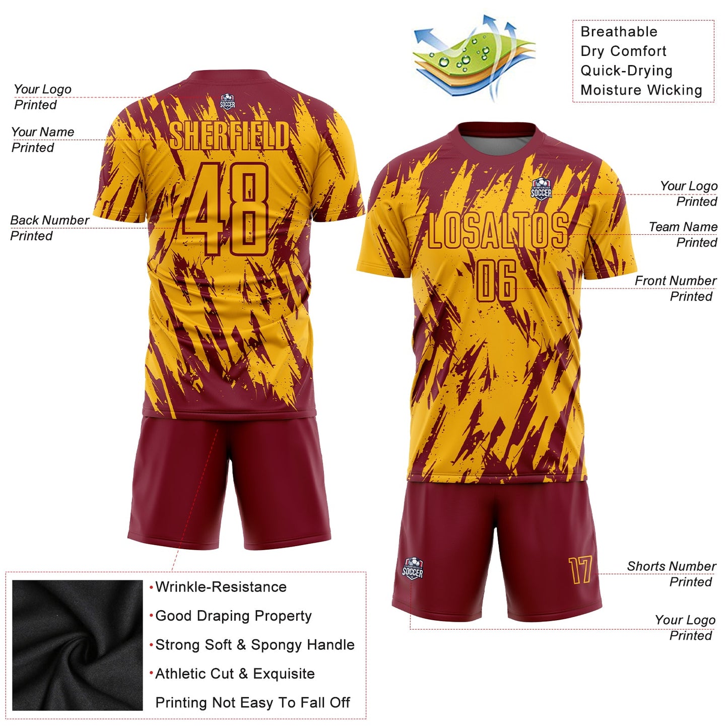 Custom Gold Crimson Sublimation Soccer Uniform Jersey view 3