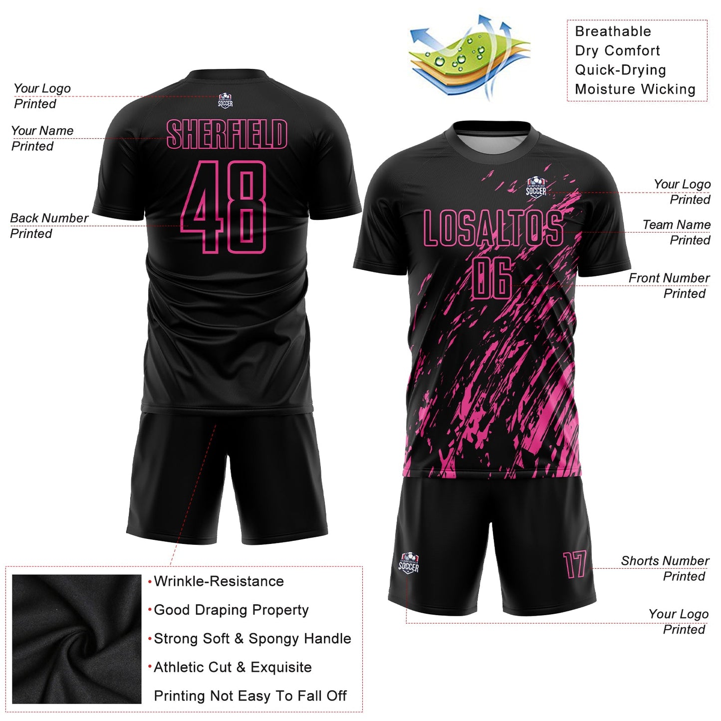 Custom Black Pink Sublimation Soccer Uniform Jersey view 3