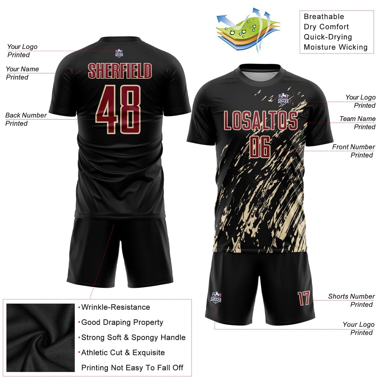 Custom Black Crimson-City Cream Sublimation Soccer Uniform Jersey view 3