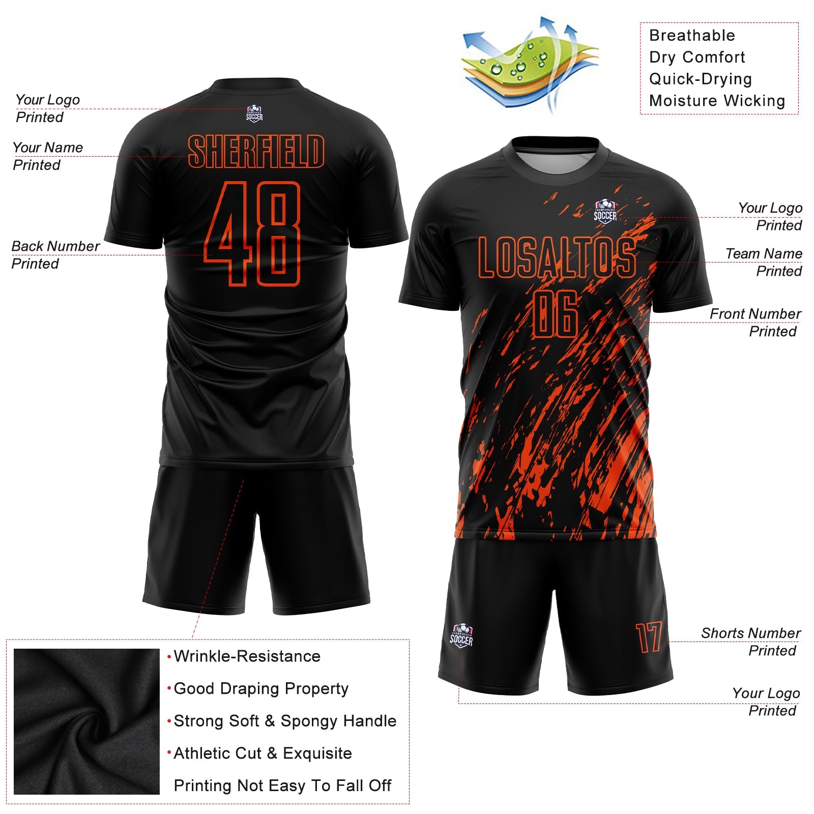 Custom Black Orange Sublimation Soccer Uniform Jersey view 3