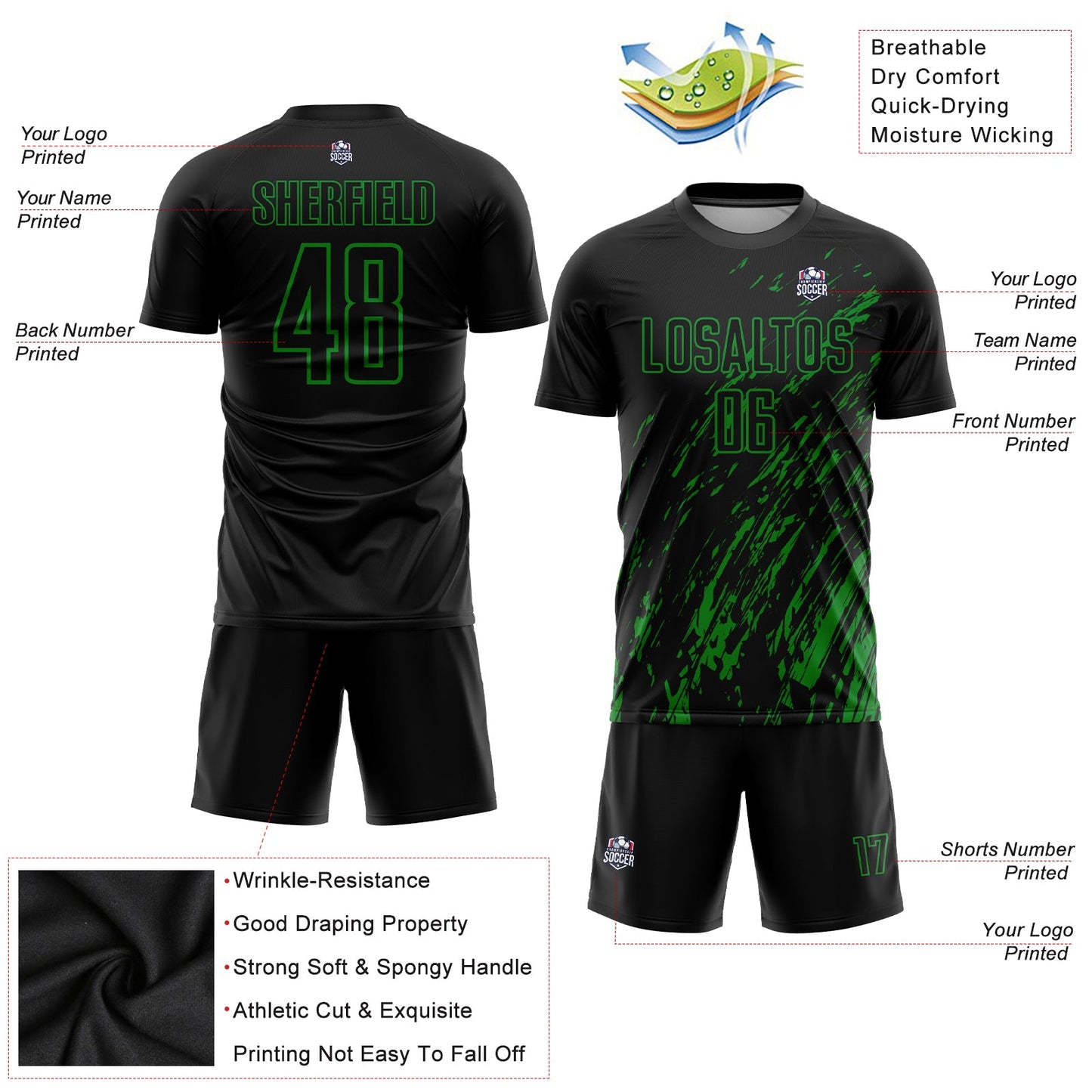 Custom Black Grass Green Sublimation Soccer Uniform Jersey view 3