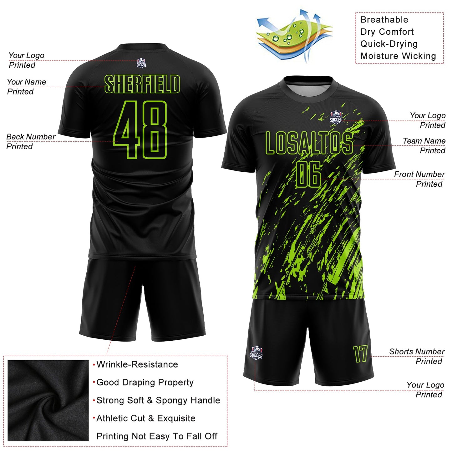 Custom Black Neon Green Sublimation Soccer Uniform Jersey view 3
