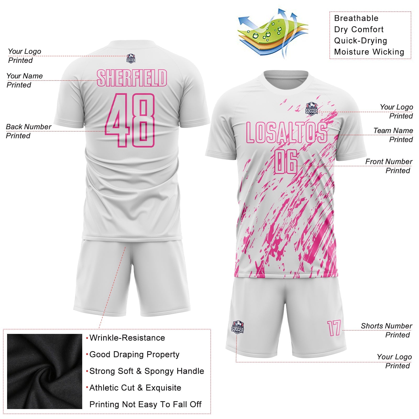 Custom White Pink Sublimation Soccer Uniform Jersey view 3