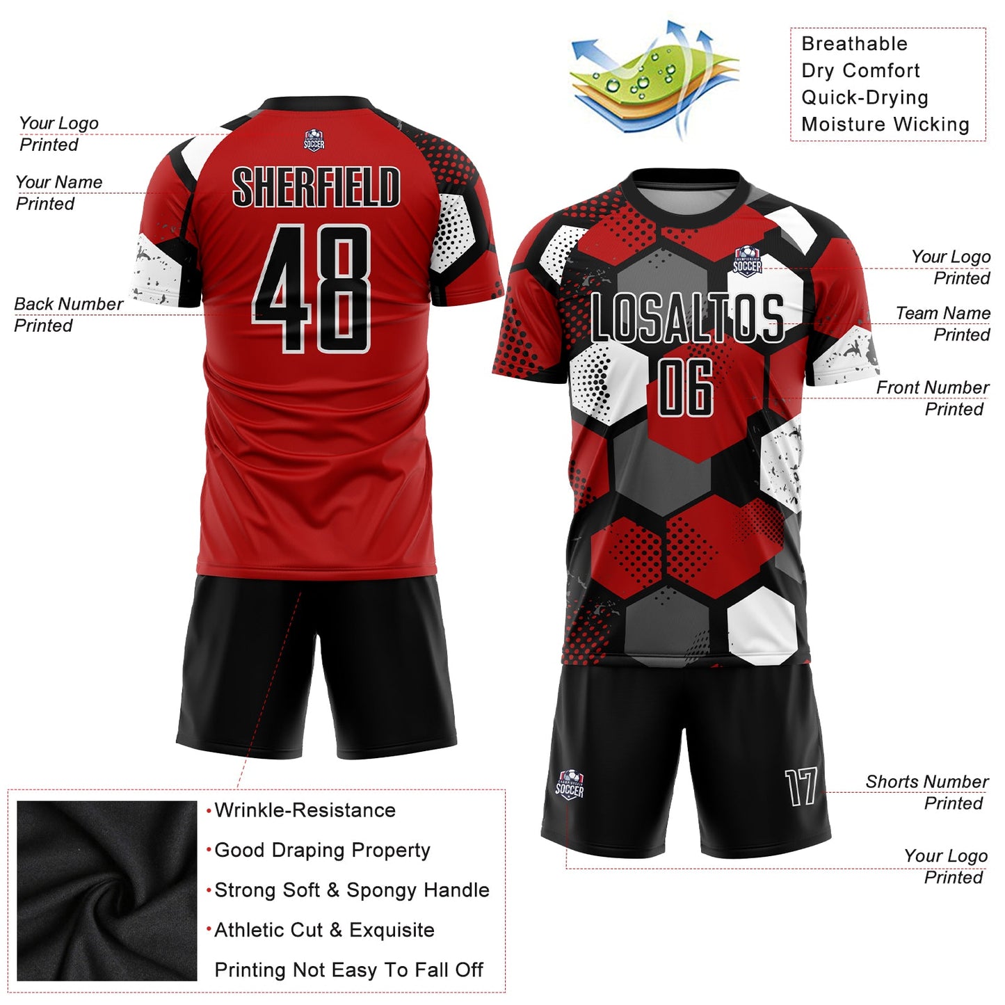 Custom Red Black-White Sublimation Soccer Uniform Jersey view 3