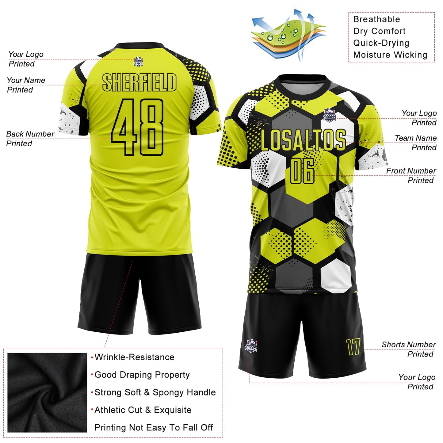 Custom Neon Yellow Black-White Sublimation Soccer Uniform Jersey view 3