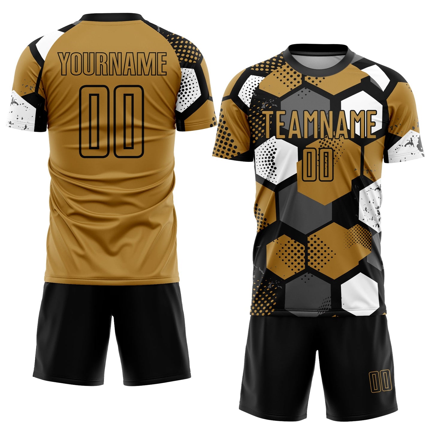 Custom Old Gold Black-White Sublimation Soccer Uniform Jersey view 2