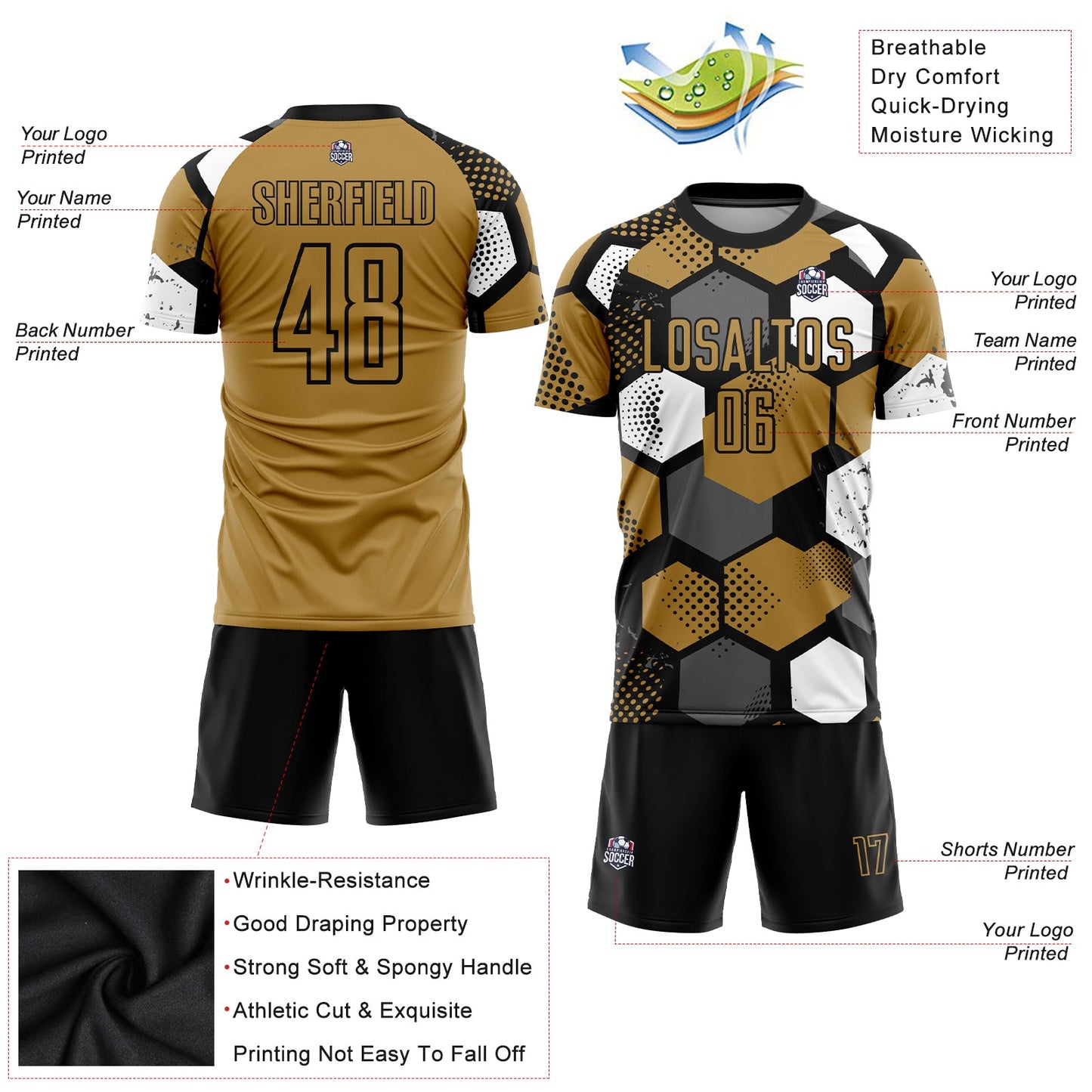Custom Old Gold Black-White Sublimation Soccer Uniform Jersey view 3