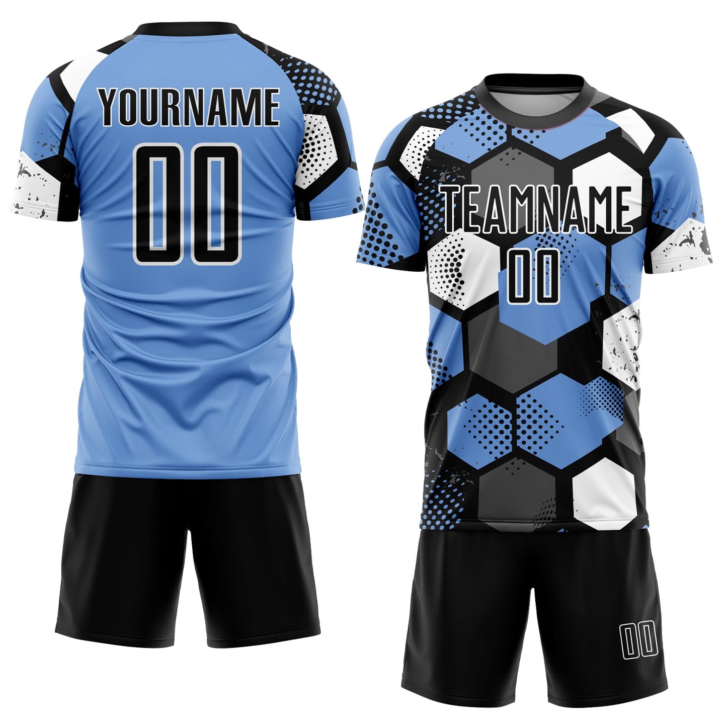 Custom Light Blue Black-White Sublimation Soccer Uniform Jersey view 2