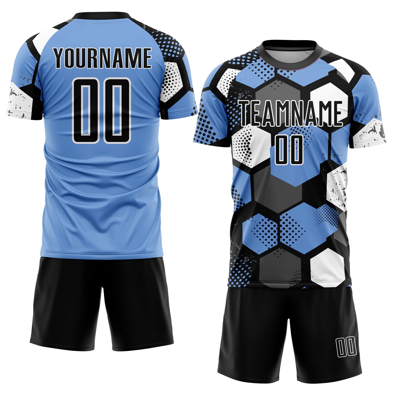 Custom Light Blue Black-White Sublimation Soccer Uniform Jersey view 2