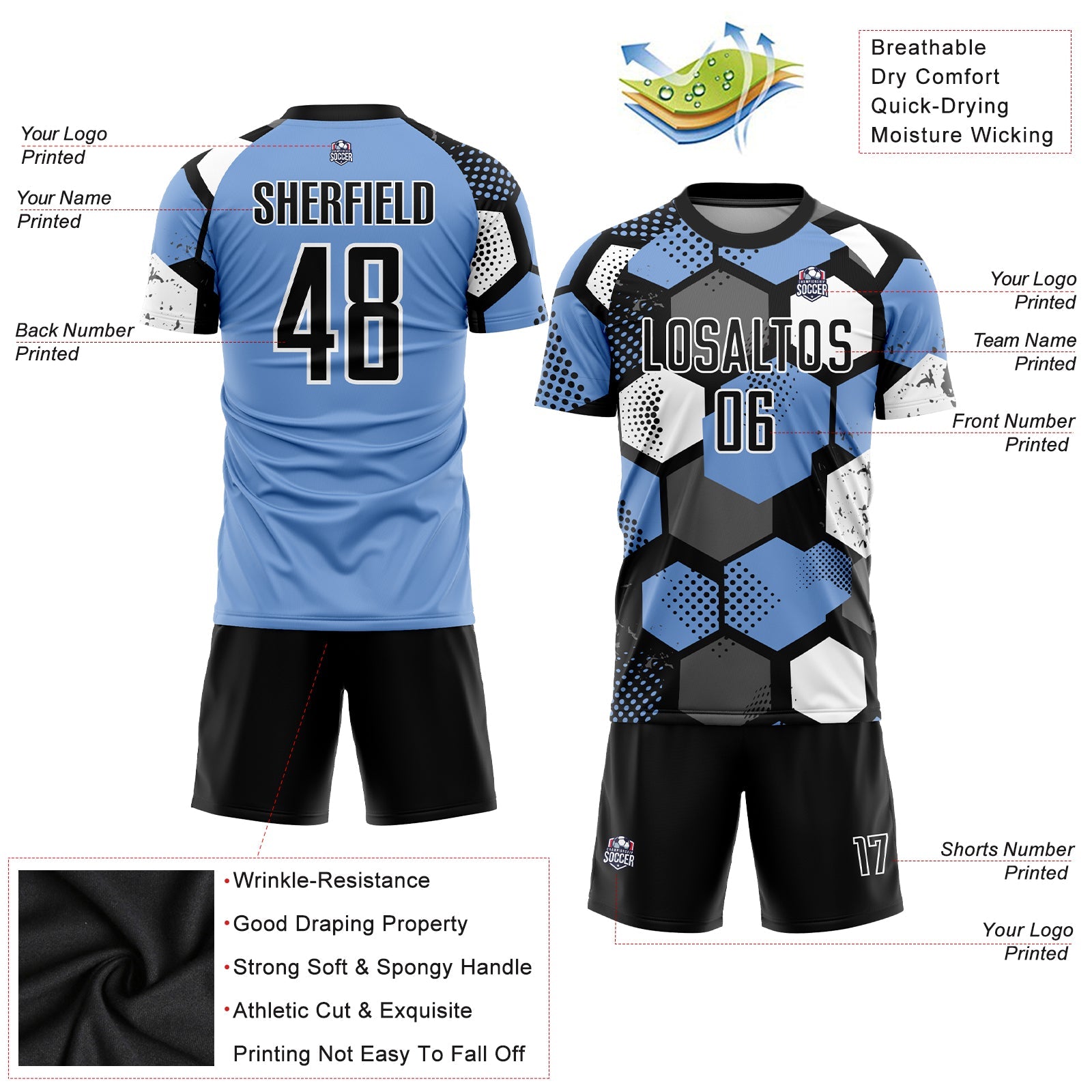 Custom Light Blue Black-White Sublimation Soccer Uniform Jersey view 3