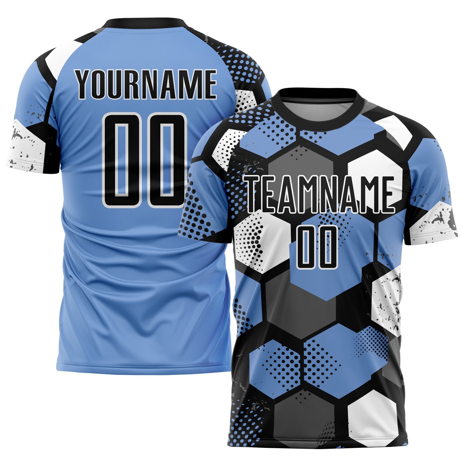 Custom Light Blue Black-White Sublimation Soccer Uniform Jersey - Main View