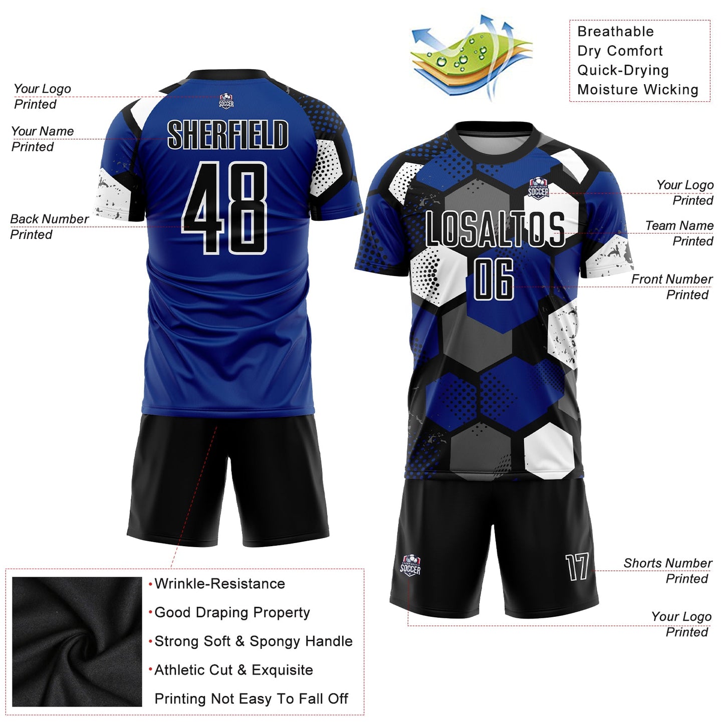 Custom Royal Black-White Sublimation Soccer Uniform Jersey view 3
