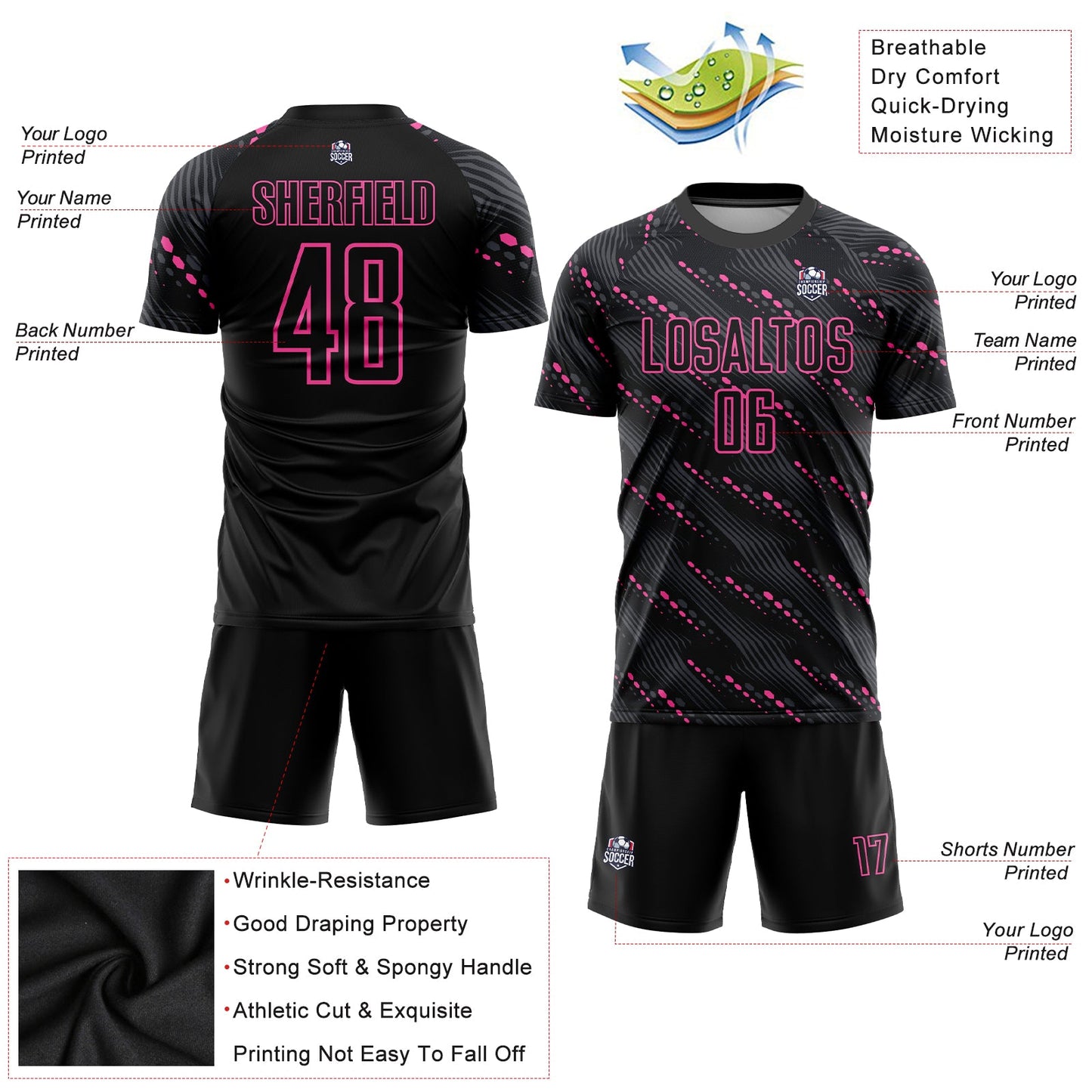 Custom Black Pink Sublimation Soccer Uniform Jersey view 3