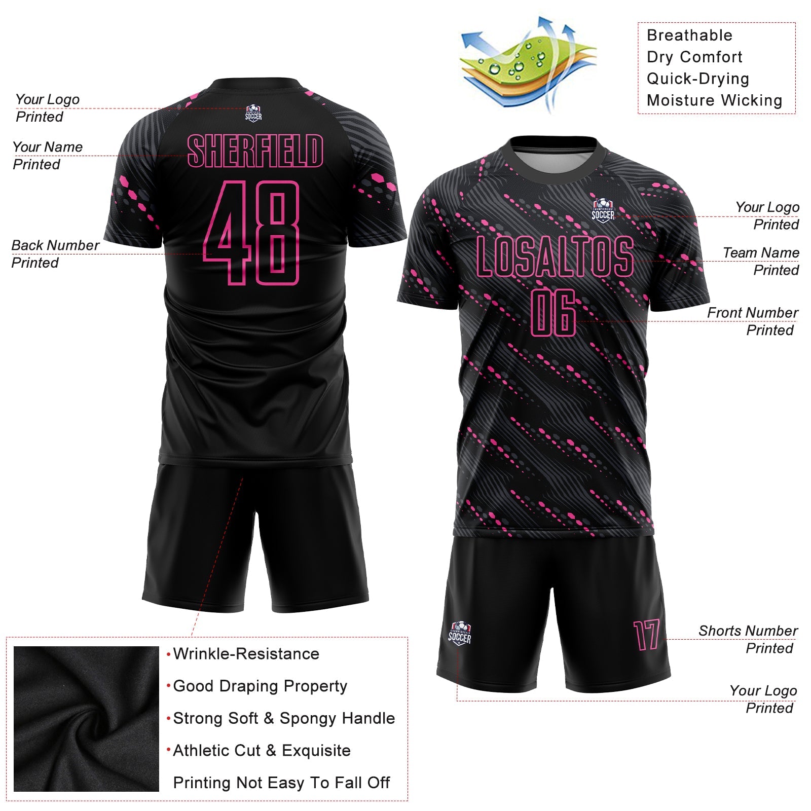 Custom Black Pink Sublimation Soccer Uniform Jersey view 3