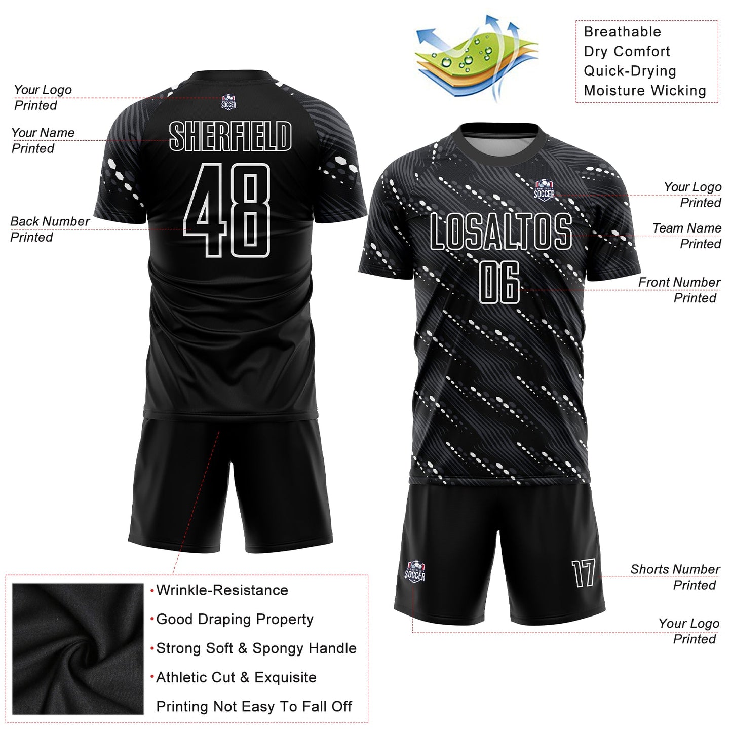 Custom Black White Sublimation Soccer Uniform Jersey view 3