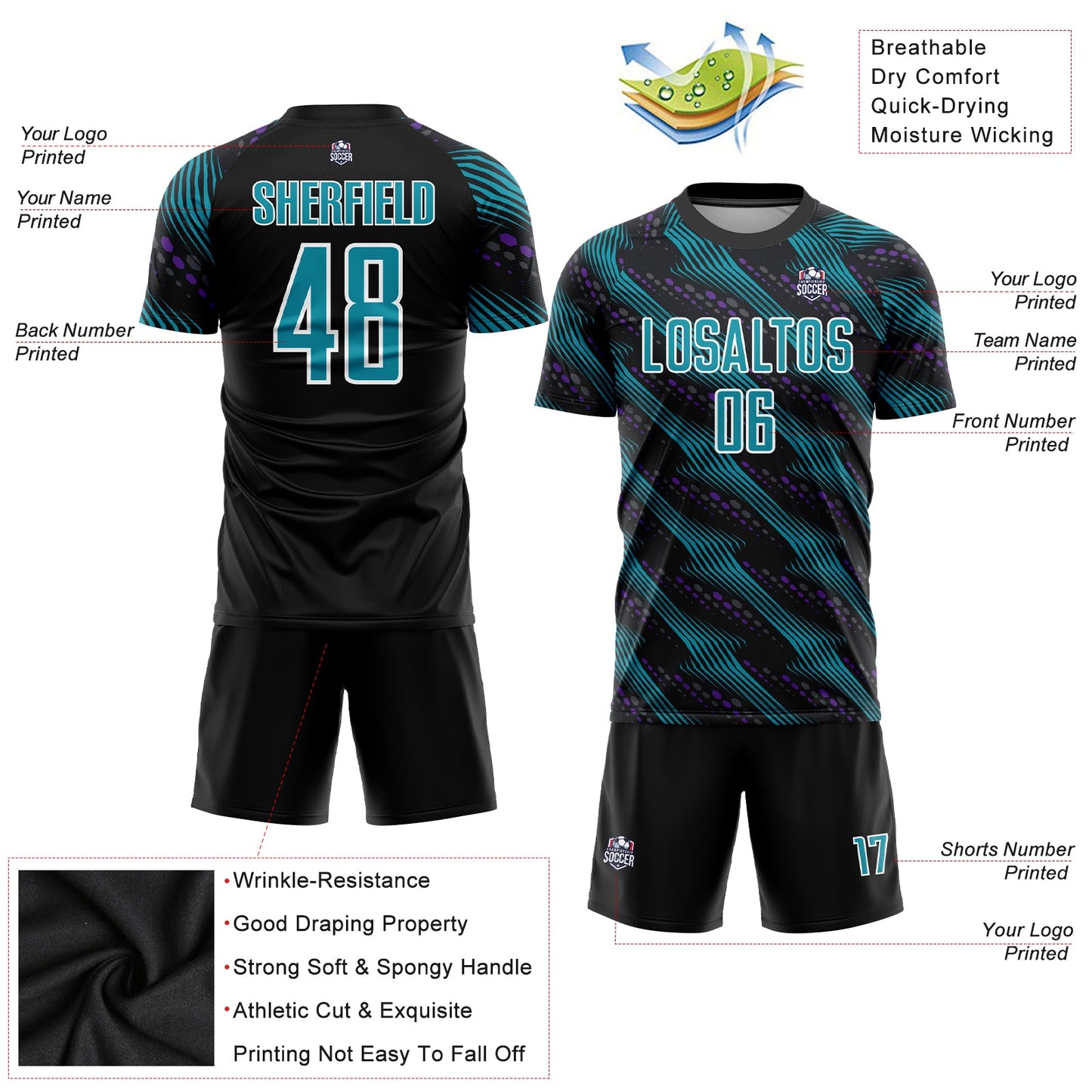 Custom Black Teal-White Sublimation Soccer Uniform Jersey view 3