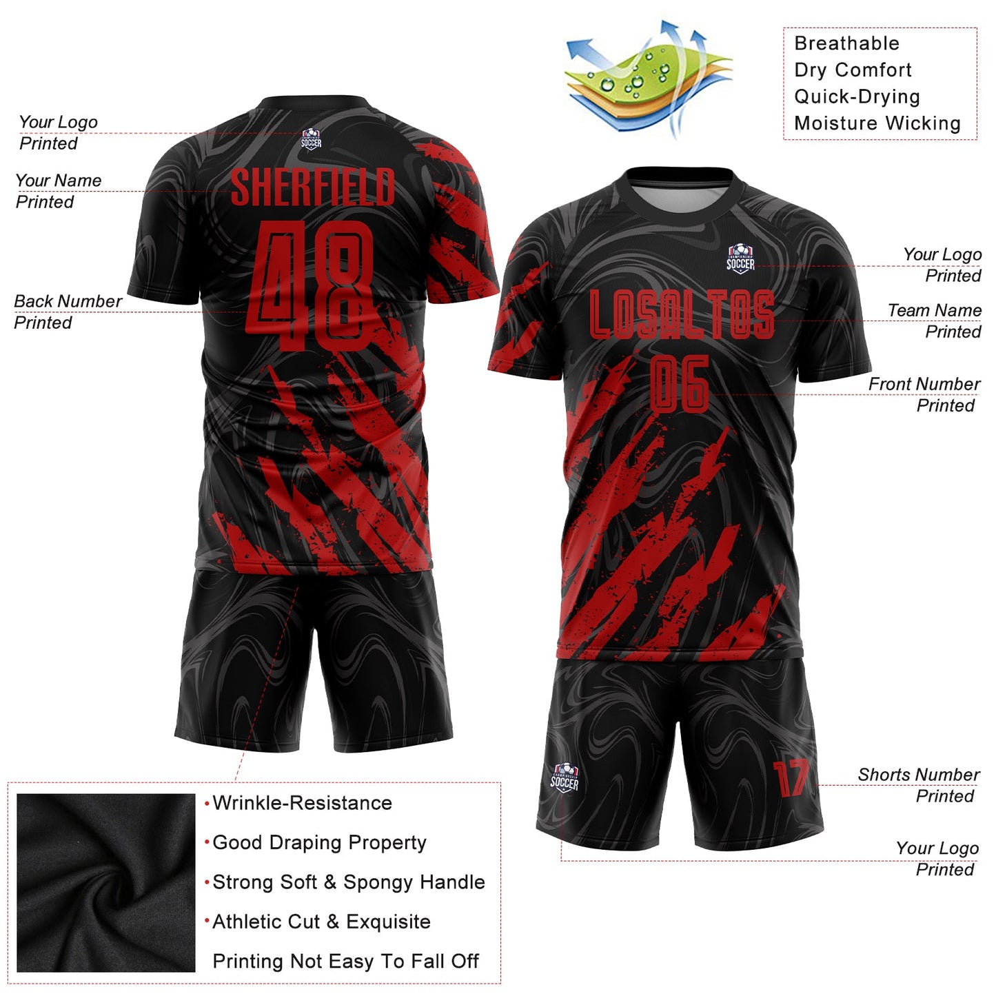 Custom Black Red Sublimation Soccer Uniform Jersey view 3